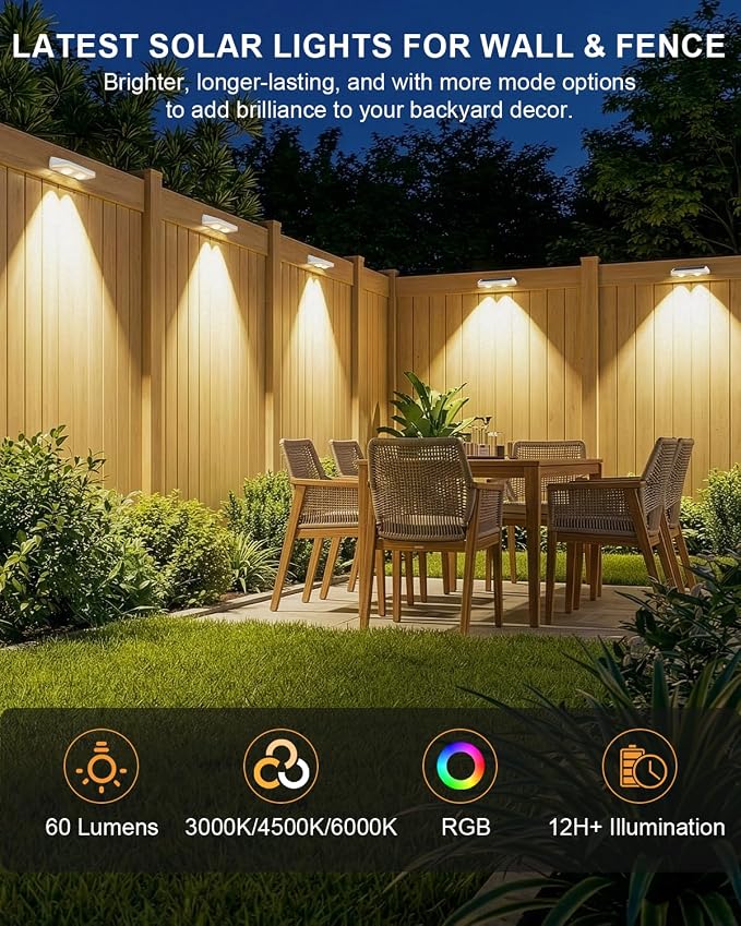 Solar Fence Lights Outdoor ,3000/4500/6000K 13 Mode, 12 Pack Fence Lights Solar Powered with Ultra-Bright Lens IP65 Waterproof,Solar Wall Light for Backyard/Step/Patio/Deck/Stair/Railings(White)
