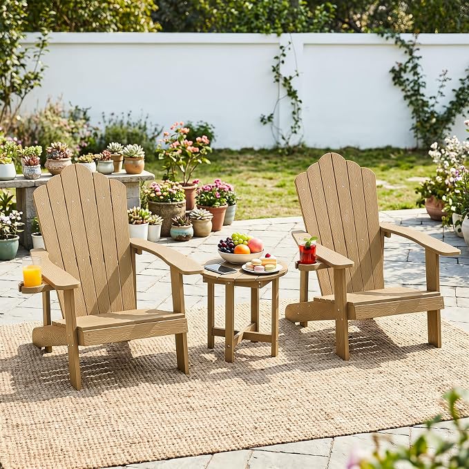 Tangkula Round Outdoor Side Table Set of 2, Adirondack Side Table with Weather-Resistant, Waterproof Top, Small Outside End Table for Patio Deck Pool Porch, Easy Maintenance (Brown,2)