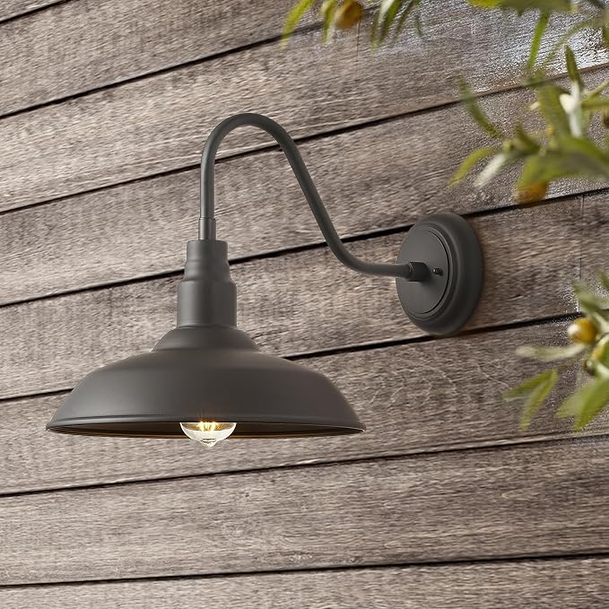 14in Dome Outdoor Gooseneck Lights for Barn, Dark Bronze Exterior Farmhouse Light Fixture with Wall Mount, Outside Goose Neck Wall Sconce for Patio, Porch, Entryway