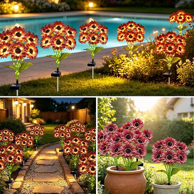 MRHEPHAESTUS Solar Garden Lights Outdoor, 4 Pack Solar Brown Sunflower Lights with 18 Head 3.5 Inch Flowers, Waterproof Flowers Light Fall Decor Auto ON/Off for Garden Yard Patio, Gifts for Mom Women