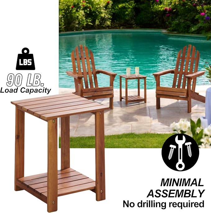 Patio Wise Square Acacia Wood Side Table, 2-Tier Indoor/Outdoor Wooden Accent Tables, Deck, Balcony, Porch, & Patio Furniture, 15-Inches Long x 15-Inches Deep x 17-Inches High, Teak