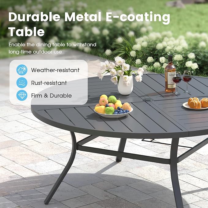 Patio Dining Table for 8-10, Round Metal Outdoor Table with Storage Shelf, 1.57" Umbrella Hole, 63" Outdoor Quartered Tabletop Dining Table for Backyard, Porch, Lawn, Dark Grey