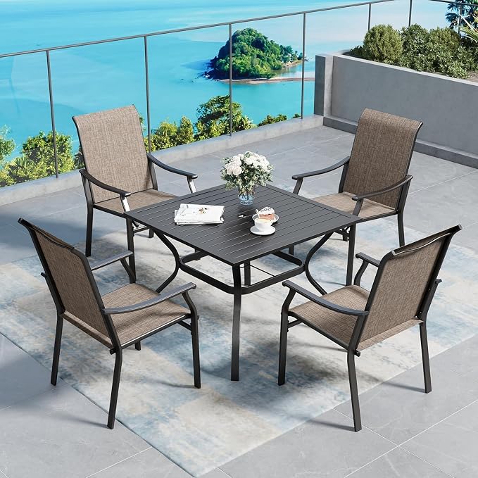 SUNSHINE VALLEY 37" Patio Dining Table for 4, Square Patio Table with Umbrella Hole,E-Coating and Powder Coating Steel Frame Metal Outdoor Patio Table for Garden Backyard Lawn Yard