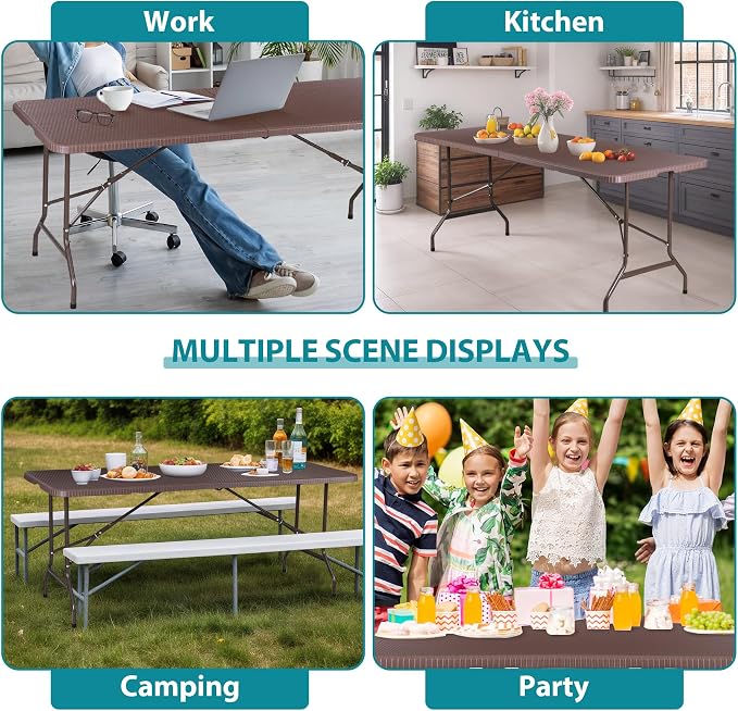 SUPER DEAL 6FT Folding Table for Indoor Outdoor, Portable Heavy Duty Fold-in-Half Plastic Dining Picnic Party Camping Table with Carrying Handle, Brown