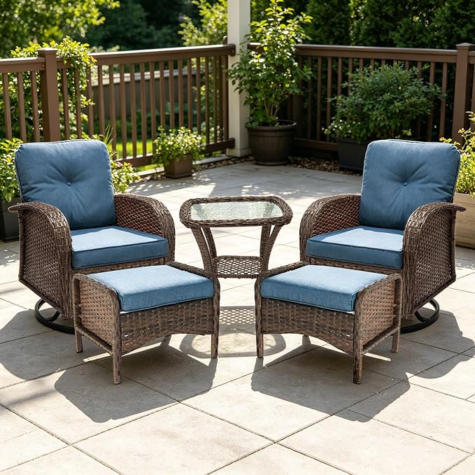 Outdoor Swivel Rocker Patio Chairs (Brown Wicker/Blue Cushion, 5PC/Swivel & Side Table & Ottomans)