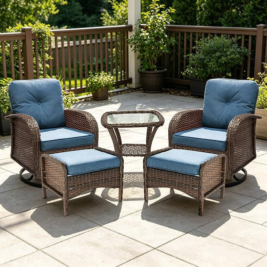 Outdoor Swivel Rocker Patio Chairs (Brown Wicker/Blue Cushion, 5PC/Swivel & Side Table & Ottomans)