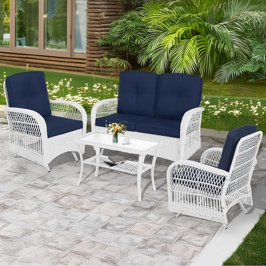 MEETWARM 4 Pieces Outdoor Wicker Patio Conversation Sets with Glider Loveseat, 2 Chairs with Coffee Table Wicker Rocking Glider Set, Rattan Conversation Set with Thickened Cushions, White/Navy