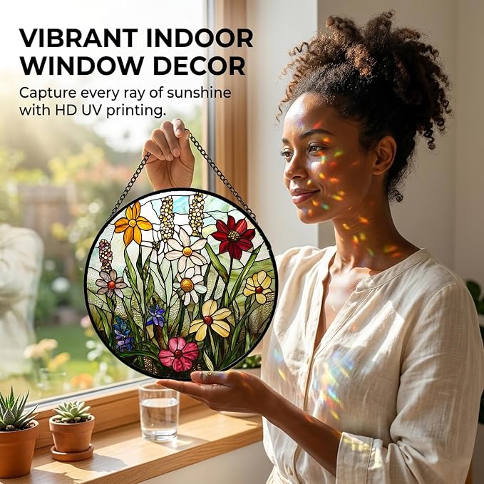 Birthday Gifts for Women - Wildflowers Faux Stained Glass Window Hanging Sun Catcher for Door Garden Acrylic Decor Mother's Day Christmas for Mom Nana Grandma Sisters Wife 11.8"