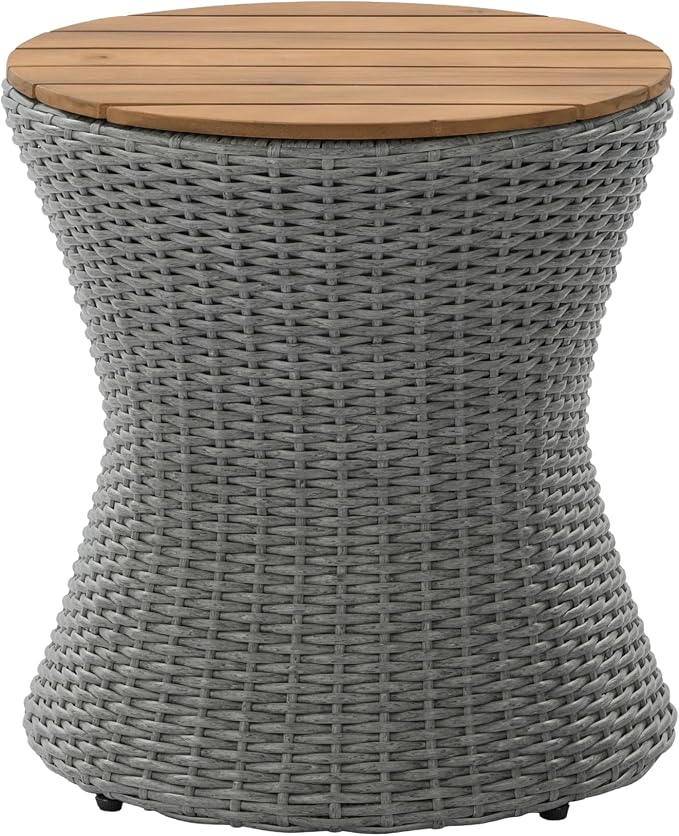 Christopher Knight Home Fenton 17.5" Outdoor Side Table, Round Patio End Table with Wood Top and Wicker Base, Small Outdoor Coffee Table for Balcony Garden Poolside, Accent Garden Stool, Grey+Natural