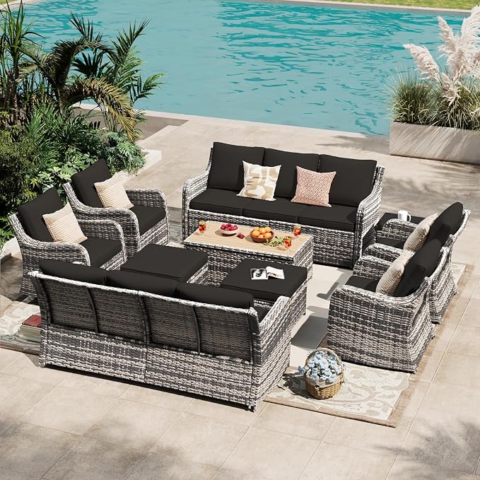 MEISSALIVVE Outdoor Patio Furniture Set with Swivel Chair, 10 Pieces Patio Conversation Set, Patio Sectional Furniture Set with 2 Three-seat Sofa, 2 Fixed Single Chair and Coffee Table (Black)