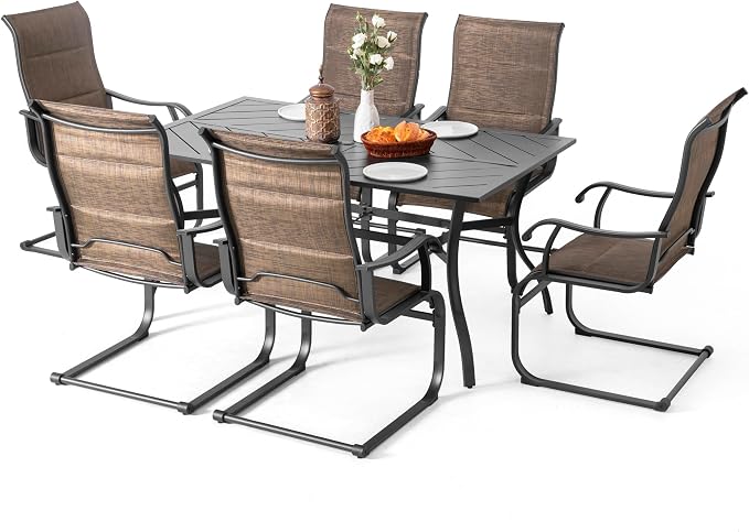 NUU GARDEN 7 Piece Patio Dining Set, 6 Padded Textilene Chairs and 61" Rectangular Dining Table with 1.77" Umbrella Hole, Outdoor All Weather Furniture Set for Garden, Patio, Brown and Black