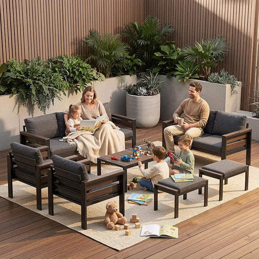 Modern Aluminum Patio Furniture Set with 2 Footstool, 7 Pieces Rustproof Patio Conversation Sets with Thick Cushions & Coffee Table, All Weather Oversized Metal Sectional Sofa for Deck Backyard