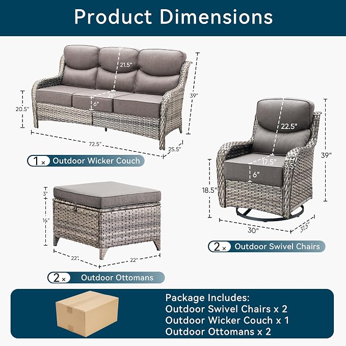 Luxury High Back Outdoor Furniture with 6-Inch Thick Cushions, Patio Furniture Set with Swivel Chairs, 5 PCS Wicker Conversation Set for Porch, Balcony, Deck and Yard