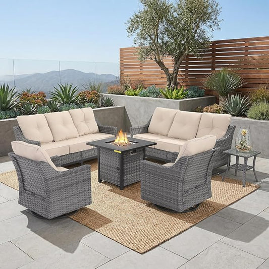6 Piece Patio Furniture Set With Fire Pit ,360°Swivel Patio Chairs Set of 2,Outdoor 2 Sofas,Side Table,Cozy 60,000 BTU Square Fire Pit Table, All-Weather Wicker Patio Set With 6 Inch Thick Cushions