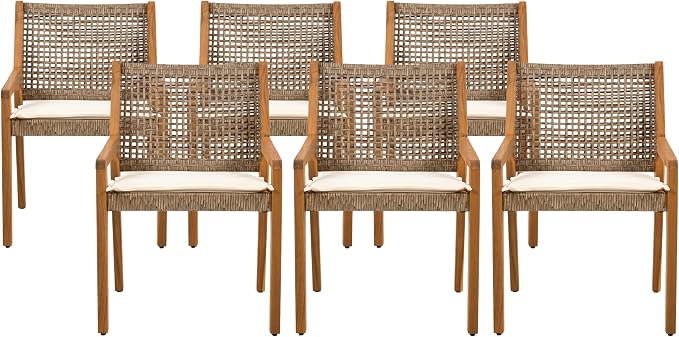 Christopher Knight Home Samma Acacia Wood Outdoor Dining Set for 6, Patio Dining Table Set for 6, Outdoor Dining Table and Sled Base, Dining Chairs with Cushion + Wicker Backrest, Teak+Brown+Cream