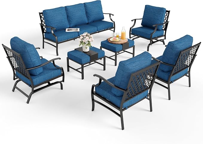 MIXPATIO Patio Furniture Set 7 pcs, Outdoor Patio Furniture, 3-Seat Sofa, 2 Single Chairs, 2 Rocking Chairs, 2 Ottomans and 5.75" Extra Thick Cushion, Conversation Set for Deck,Gemstone Blue