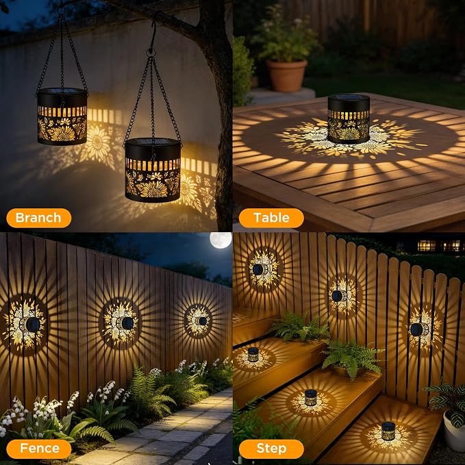 2 Pack Solar Fence Lights Outdoor, Metal Solar Powered Wall Deck Step Light | Sunflower Theme, Hanging LED Waterproof Decorative Lighting for Garden Patio Backyard Post Decor, Warm White