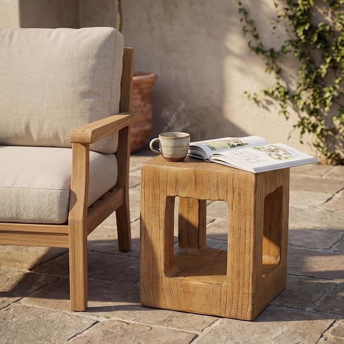 Christopher Knight Home Gogan 20.08" H Lightweight Concrete Outdoor Side Table, Square MGO Patio End Table, Wood-Like Texture Coffee Table, No Assembly Garden Plant Stand Indoor/Outdoor, Light Brown