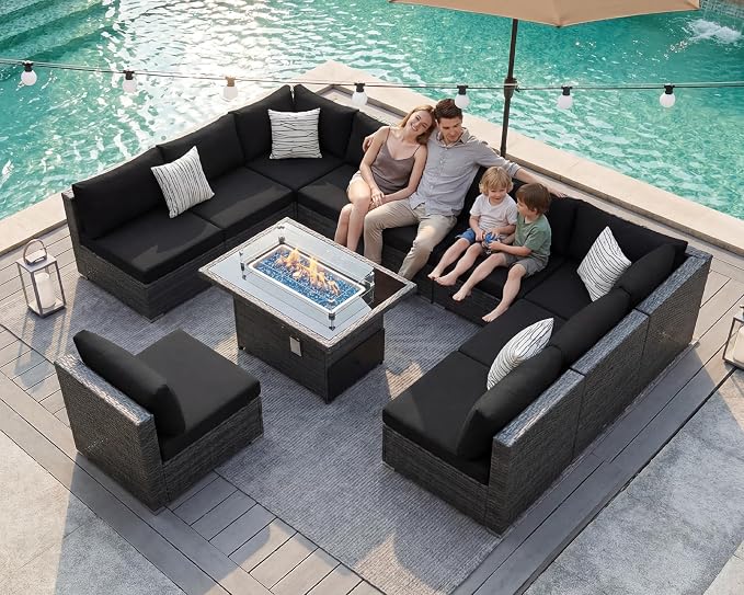 BULEXYARD 11 Piece High Back Patio Furniture Set with Fire Pit Table, Large Comfy Deep Wide Seat Outdoor Sectional Sofa, All-Weather Wicker Modular Conversation Couch 10-Seats for Deck, Grey & Black