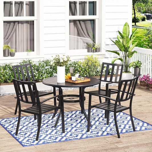 MFSTUDIO Outdoor Dining Set for 4, Round Patio Table and Chairs Set with Umbrella Hole, Metal Patio Furniture Set for Deck, Backyard, Poolside & Garden