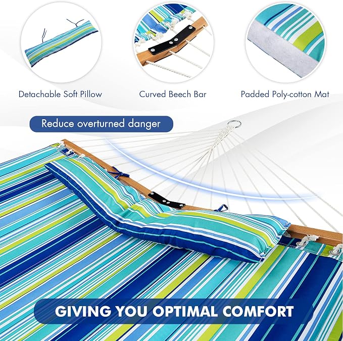 Goplus 10.5 FT Hammock, Quilted 2 Person Hammock w/Detachable Pillow, 330LBS Capacity, Curved Hardwood Spreader Bar,Quick Dry Fabric, Portable Paddled Hammock Swing for Patio Yard Porch Indoor Outdoor