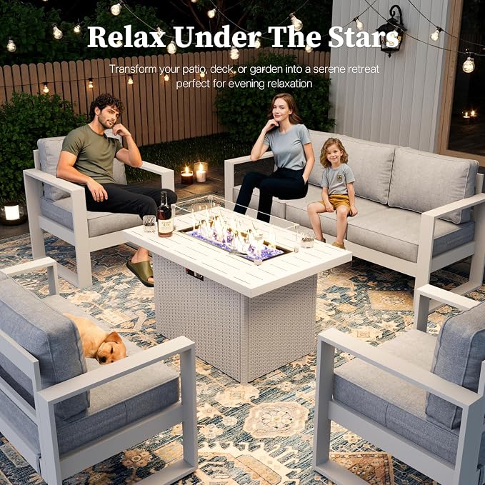 5 Piece Modern Aluminum Patio Furniture Set with Fire Pit Table, Outdoor Patio Sectional Conversation Metal Seating Sets with Olefin Cushion