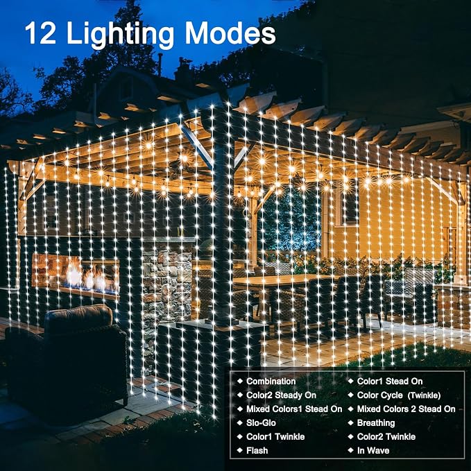 echosari 20Ft x 10Ft Large Curtain Lights Plug in, 600 LED Dual Color Changing Outdoor Curtain Lights Waterproof Connectable with Remote for Wedding Backdrop Yard Decor (Cool White & Multicolor) | 600 LED Dual Color Changing Outdoor Curtain Lights Wate...