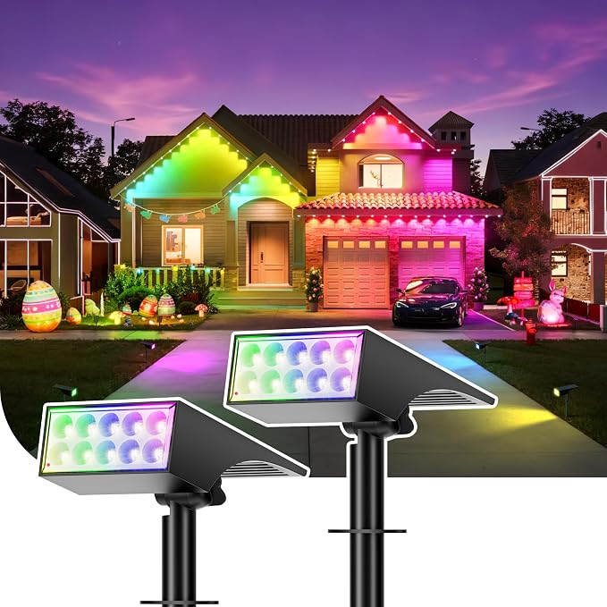 Solar Lights Outdoor Waterproof Landscape Spotlight Color Changing 2 Pack | 7 Lighting Modes, WENATY Solar Spot Lights Led Powered Flood for Halloween & Christmas Decorations Yard Garden House Tree