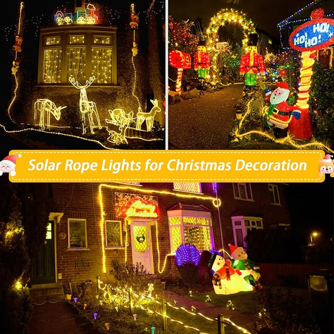JMEXSUSS 66ft 200 LED Warm White Solar Rope Lights with 8 Modes | Solar Christmas Lights Outdoor Waterproof, Rope Lights for Fence,Gazebo,Yard,Walkway,Path