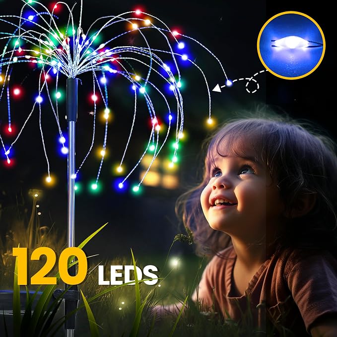 GIGALUMI 8 Pack Solar Firework Lights Outdoor, Garden Decor, Multicolored | 120 LEDs, Fairy Design, Waterproof, Garden Decor, Solar Powered for Yard, Pathway, Flowerbed, Planter, Balcony, Gifts for Mom