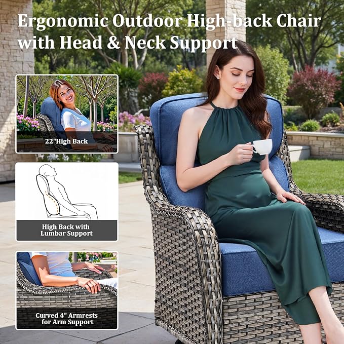 Luxury High Back Patio Furniture Set with 6-Inch Thick Cushions, 5-Pieces Outdoor Furniture with Swivel Chairs, Wicker Conversation Set for Porch, Balcony, Deck and Yard, Grey/Blue