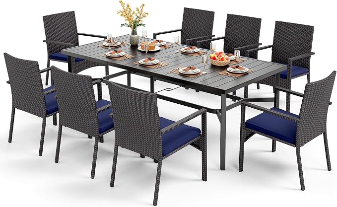 PHI VILLA 9 Piece Patio Dining Set, 83" Rectangular Table, Rattan Chairs | Outdoor Dining Set for 8, Metal Dining Table with Umbrella Hole, Large Outdoor Dining Table Set for Patio, Deck, Porch