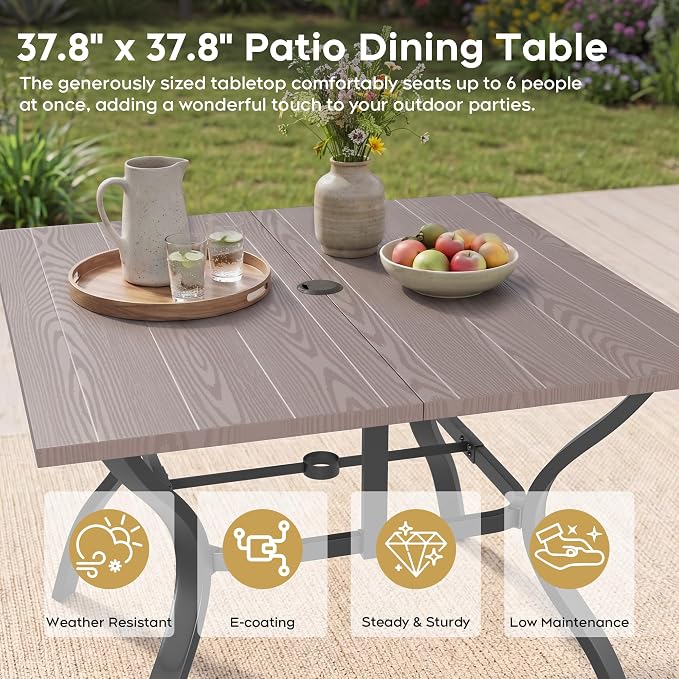 Outdoor Dining Table for 4-38" x 38" Matel Patio Table with E-Coated Finish, 1.6" Umbrella Hole for Garden, Backyard