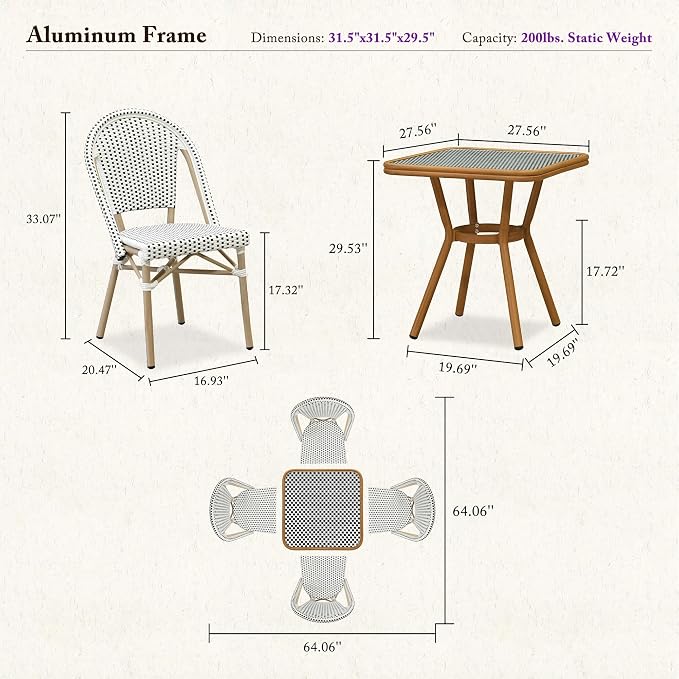 PURPLE LEAF 5-Piece French Bistro Dining Set Square Outdoor Patio Table and 4 Armless Chairs Tempered Glass Top PE Rattan Champagne Print Finish Aluminum Frame White