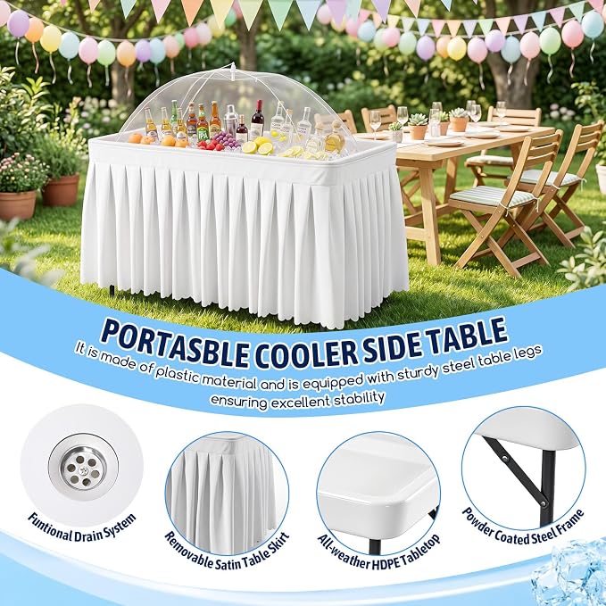 46 Inch Folding Ice Cooler Table with Matching Skirt and Extra Large Mesh Food Cover Plastic Portable Ice Table to Keep Drinks Cool for Party Picnic BBQ Camping Fishing