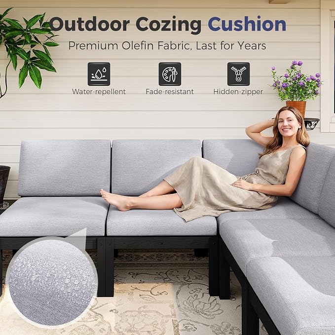 Modular Outdoor Patio Conversation Set, 6-Piece L-Shaped Sectional Sofa Set with Coffee Tables & Thick Cushions, Easy Side Interlock, HIPS All-Weather Patio Furniture Set for Backyard, Deck, Poolside
