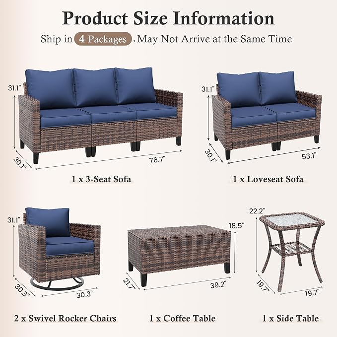 Amopatio Patio Furniture Set, Wicker Outdoor Sectional Sofa with Swivel Rocker Chairs, All-Weather Rattan Conversation Set, Storage Coffee Table, Waterproof Cover for Backyard, Deck Brown/Navy 6 PCS