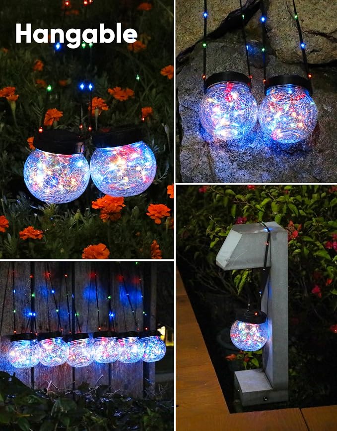 Solar Lights Outdoor Waterproof 12-Pack, Solar Powered Hanging Lantern Cracked Glass Hanging Globes for Yard Decor Christmas Decoration, Shepherd Hook, Garden Tree Ornaments, RGB