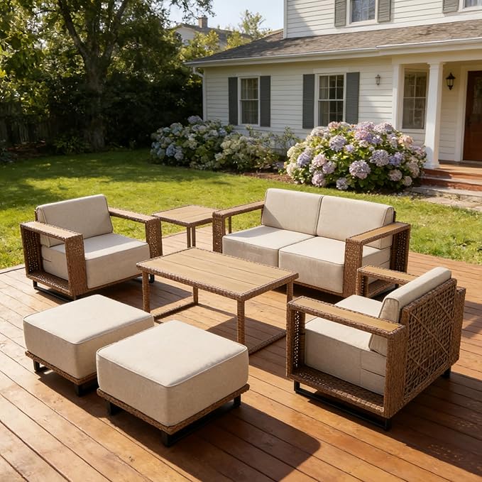MOCHITO 8 Pieces Outdoor Patio Furniture Sets, All-Weather Sectional Sofa PE Rattan Wicker Conversation Set, Outdoor Patio sectional for Poolside, Porch, Lawn, Garden, Balcony(Beige)