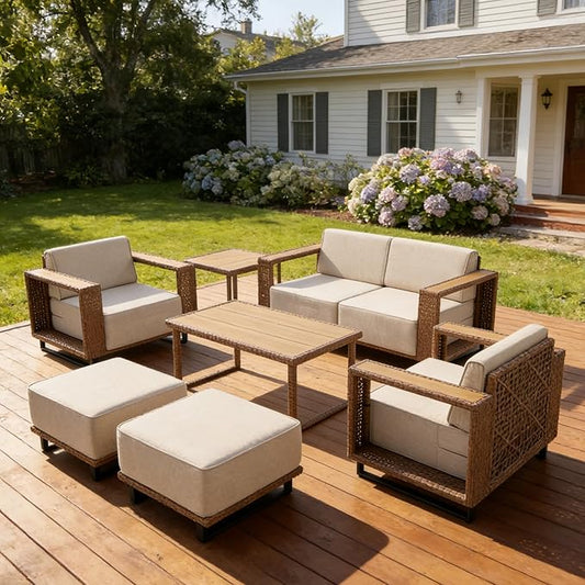 MOCHITO 8 Pieces Outdoor Patio Furniture Sets, All-Weather Sectional Sofa PE Rattan Wicker Conversation Set, Outdoor Patio sectional for Poolside, Porch, Lawn, Garden, Balcony(Beige)