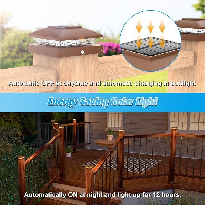 VOLISUN 4x4 Solar Post Cap Light 16pack,Solar Fence - Post Lights Brown Outdoor Waterproof for Wooden/Vinyl Post, with Warm White for Deck
