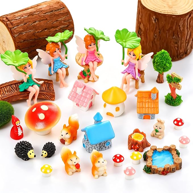 30 PCS Mini Fairy Garden Accessories, Miniature Garden Ornaments Tiny Fairies Figurines Animal Plant Set for Landscape DIY Terrarium Potted Plants Dollhouse Desk Decor