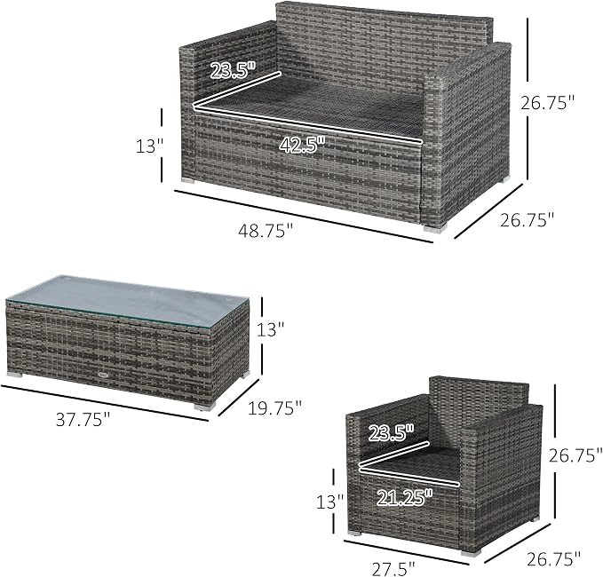 Outsunny 4 Piece Wicker Patio Furniture Set with Cushions, Outdoor Sectional Furniture with 2 Sofa, Loveseat, and Glass Top Coffee Table, Conversation Sofa Sets for Garden, Black