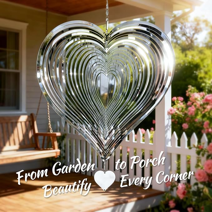 Wind Spinner 12-Inch Garden & Yard Decor, Birthday Gift for Mom | Hanging Yard Art, Garden Decoration for Outdoor and Indoor, Birthday Gift for Women, 3D Heart, Stainless Steel, 1 Pack