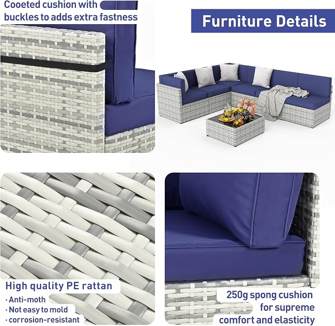 Pamapic 7 Piece Outdoor Sectional Sofa Set, All-Weather Patio Furniture with Washable Cushions, Waterproof Gray Rattan Wicker Conversation Set for Backyard, Poolside, Garden (Navy Blue Cushions)