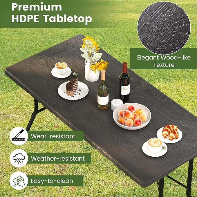 Giantex 5 FT Folding Table, HDPE Foldable Dining Table for 6, Indoor Outdoor Use for Party Banquet Wedding Picnic Camping BBQ, Fold-in-Half Portable Space Saving Design (Black)