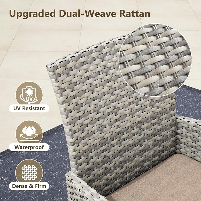 Outdoor Dining Set, 5-Piece Patio Furniture Set with Tempered Glass Table and 4 Cushioned Chairs, Dual-Strand Wicker Rattan, Balcony Furniture for Backyard, Garden, Deck,– Beige