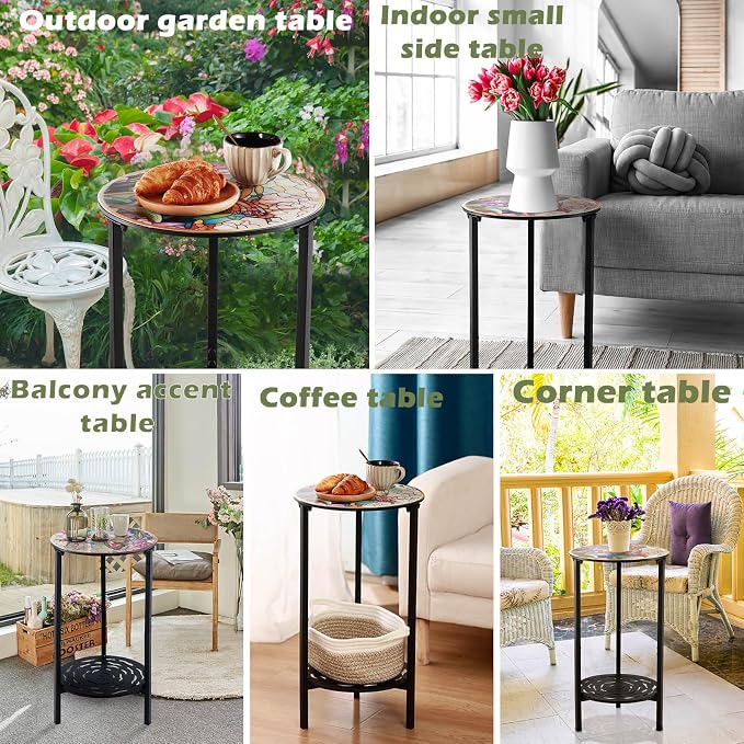 2 Packs Two-Tier Metal Round Side Table Set of Two Black Accent Coffee Tables Small Space Corner Plant Stand Shelf for Indoor Outdoor Use Patio Balcony End Table Weather-Resistant