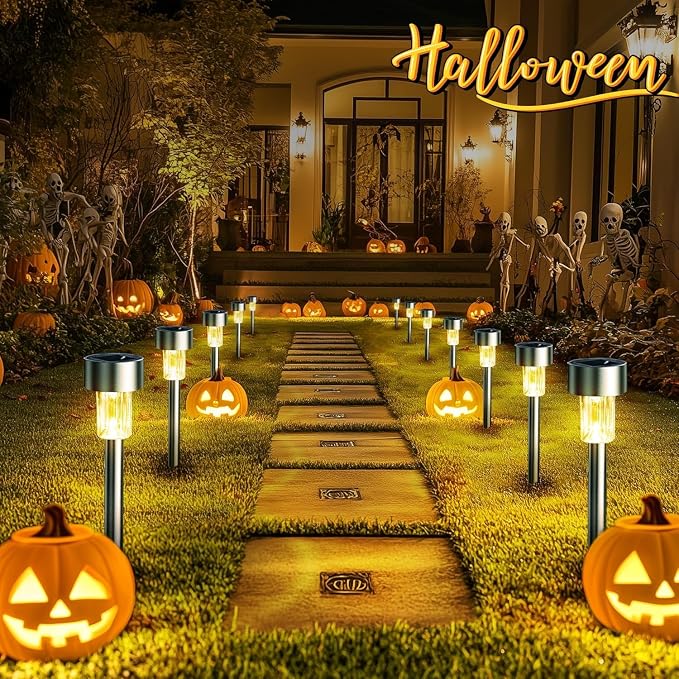 GIGALUMI 16 Pack Solar Lights Outdoor Waterproof, Stainless Steel | Solar Pathway Lights, Solar Garden Lights for Patio, Lawn, Yard and Landscape LED (Warm White)