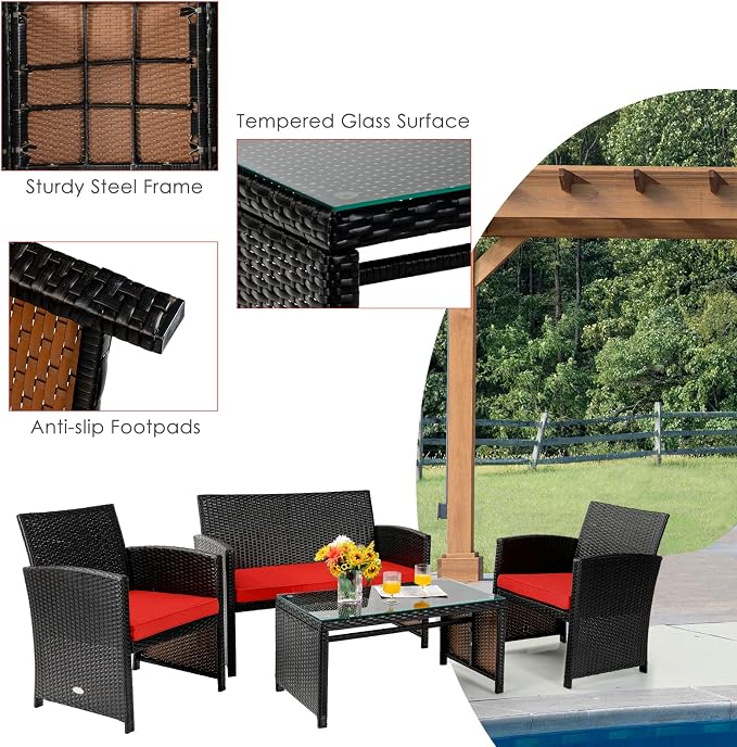 Tangkula 4 Pieces Rattan Furniture Set, Outdoor Conversation Set w/Chair & Loveseat & Tempered Glass Coffee Table, Suitable for Garden, Backyard, Poolside, Patio Furniture Set for 4 (1, Red)